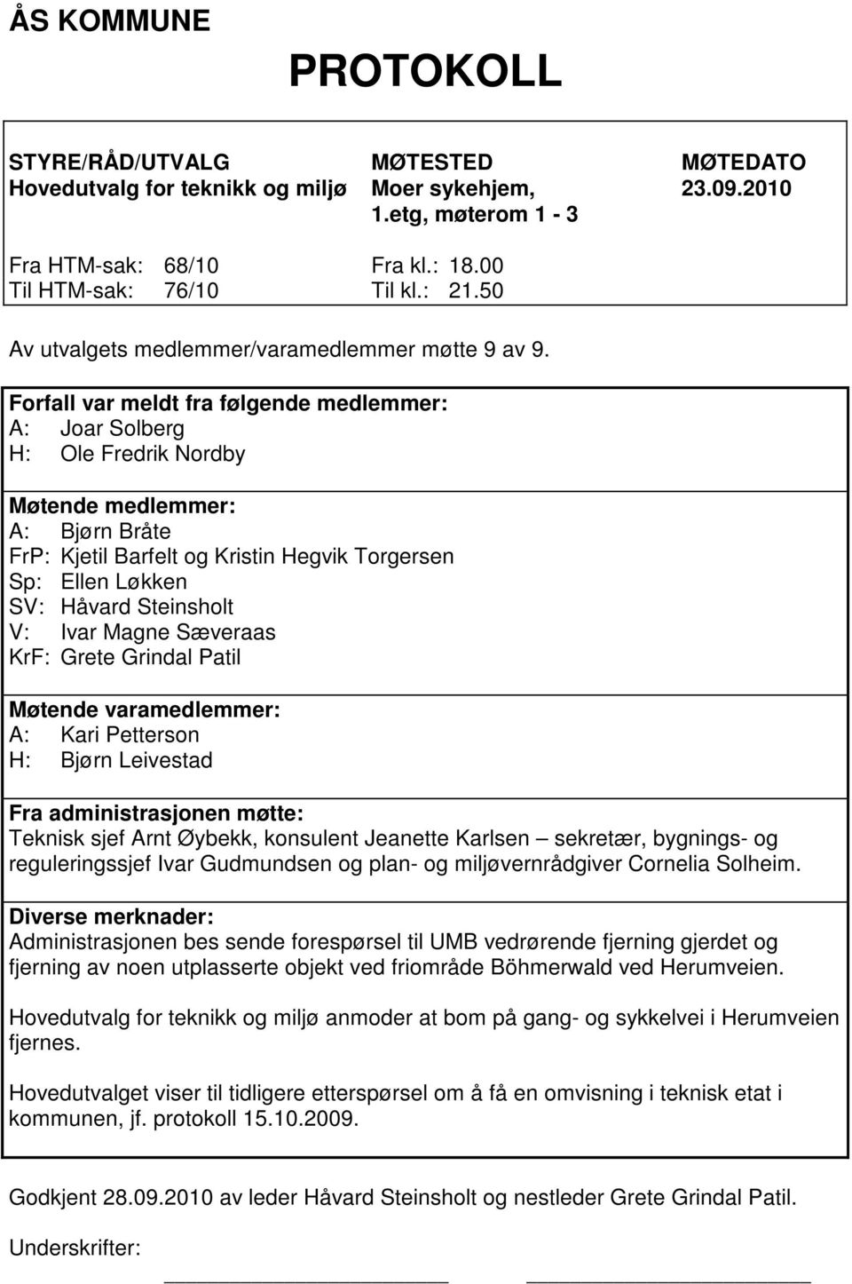 Forfall var meldt fra følgende medlemmer: A: Joar Solberg H: Ole Fredrik Nordby Møtende medlemmer: A: Bjørn Bråte FrP: Kjetil Barfelt og Kristin Hegvik Torgersen Sp: Ellen Løkken SV: Håvard