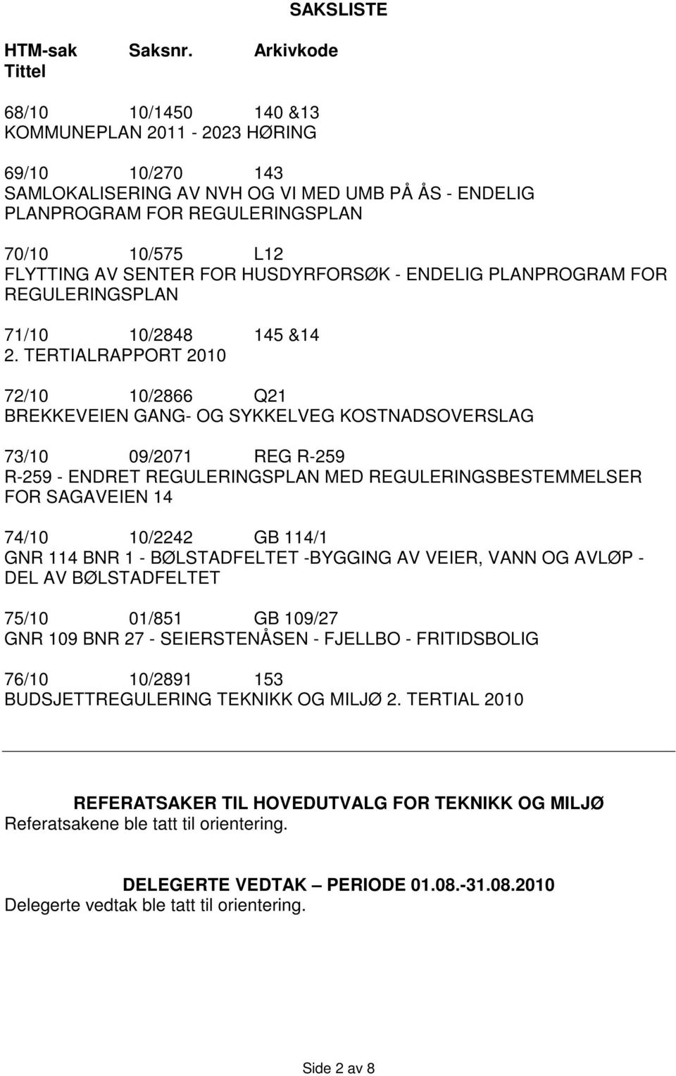 FLYTTING AV SENTER FOR HUSDYRFORSØK - ENDELIG PLANPROGRAM FOR REGULERINGSPLAN 71/10 10/2848 145 &14 2.