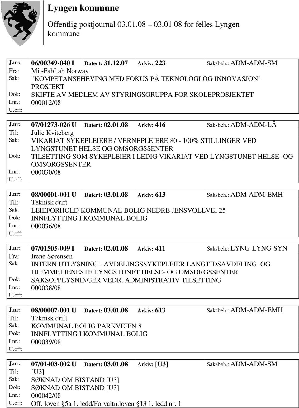 nr: 07/01273-026 U Datert: 02.01.08 Arkiv: 416 Saksbeh.