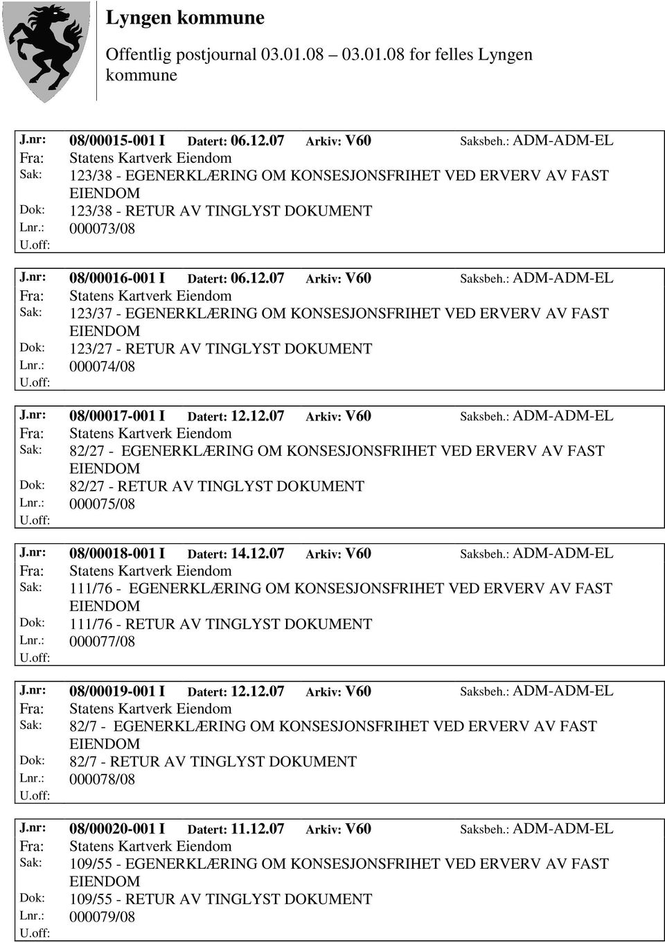 nr: 08/00017-001 I Datert: 12.12.07 Arkiv: V60 Saksbeh.: ADM-ADM-EL Sak: 82/27 - EGENERKLÆRING OM KONSESJONSFRIHET VED ERVERV AV FAST Dok: 82/27 - RETUR AV TINGLYST DOKUMENT Lnr.: 000075/08 J.