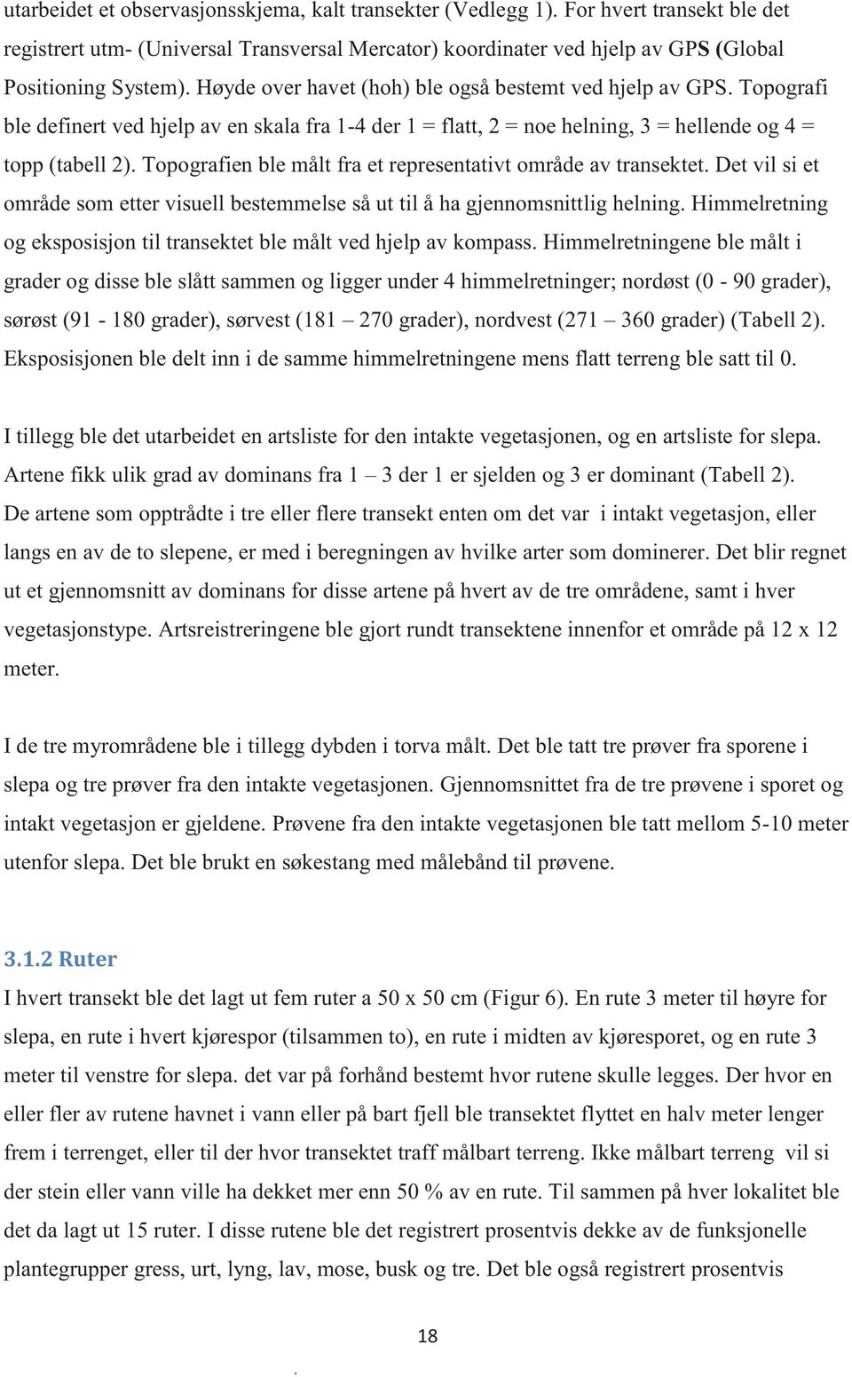 Topografien ble målt fra et representativt område av transektet. Det vil si et område som etter visuell bestemmelse så ut til å ha gjennomsnittlig helning.