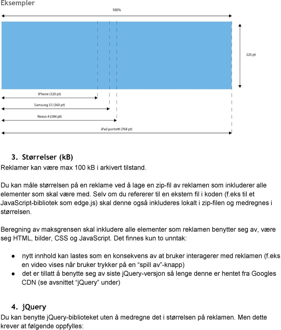 Beregning av maksgrensen skal inkludere alle elementer som reklamen benytter seg av, være seg HTML, bilder, CSS og JavaScript.