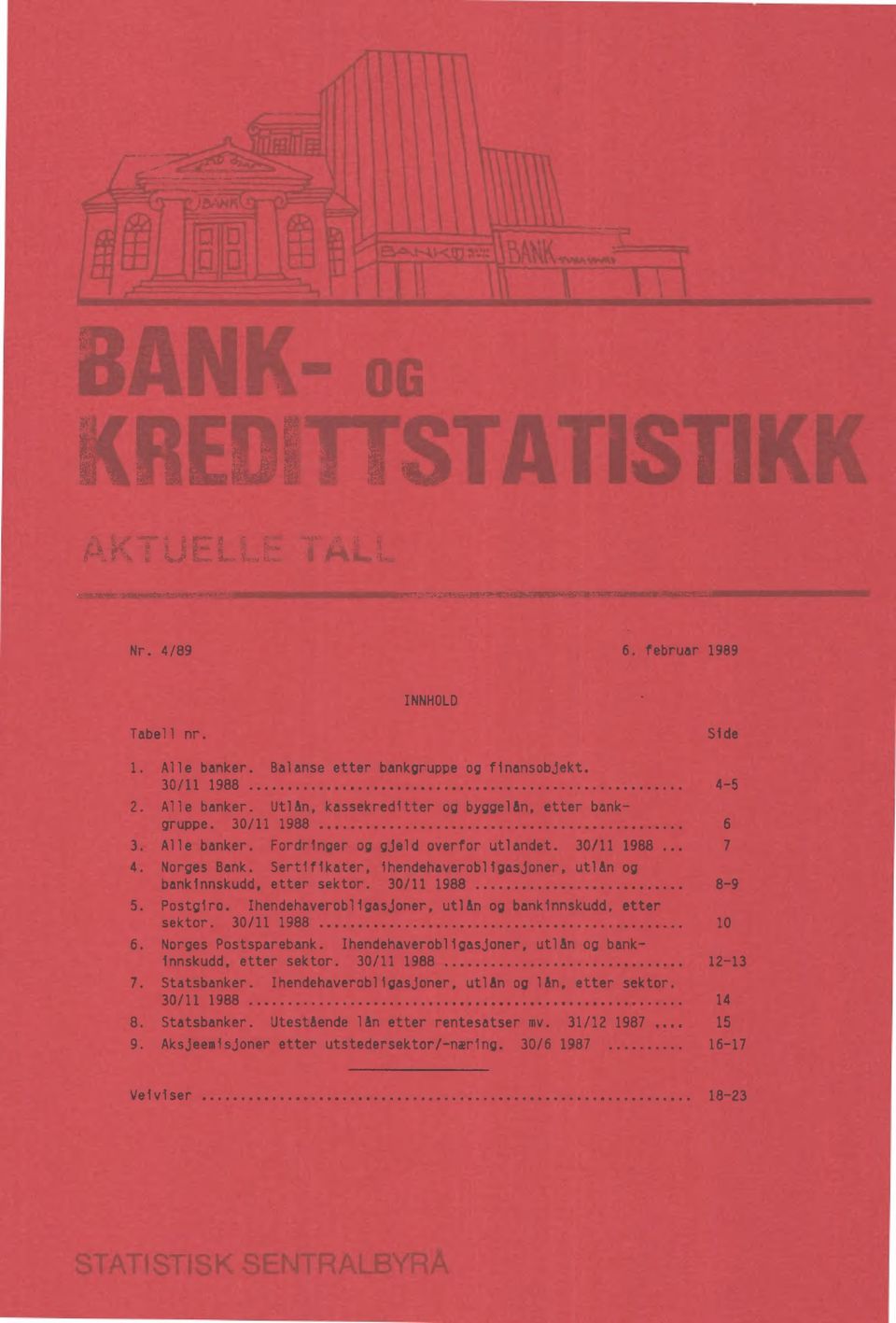 Ihendehaverobligasjoner, utlån og bankinnskudd, etter sektor. 30/11 1988 10 6. Norges Postsparebank. Ihendehaverobligasjoner, utlån og bankinnskudd, etter sektor. 30/11 1988 12-13 7. Statsbanker.