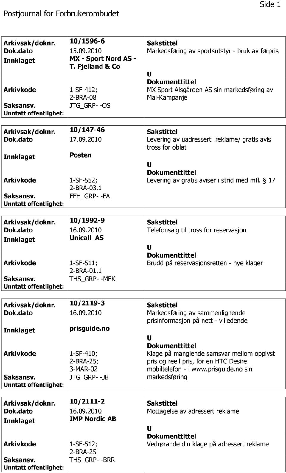 2010 Levering av uadressert reklame/ gratis avis tross for oblat nnklaget Posten 1-SF-552; 2-BRA-03.1 Levering av gratis aviser i strid med mfl. 17 FEH_GRP- -FA Arkivsak/doknr.