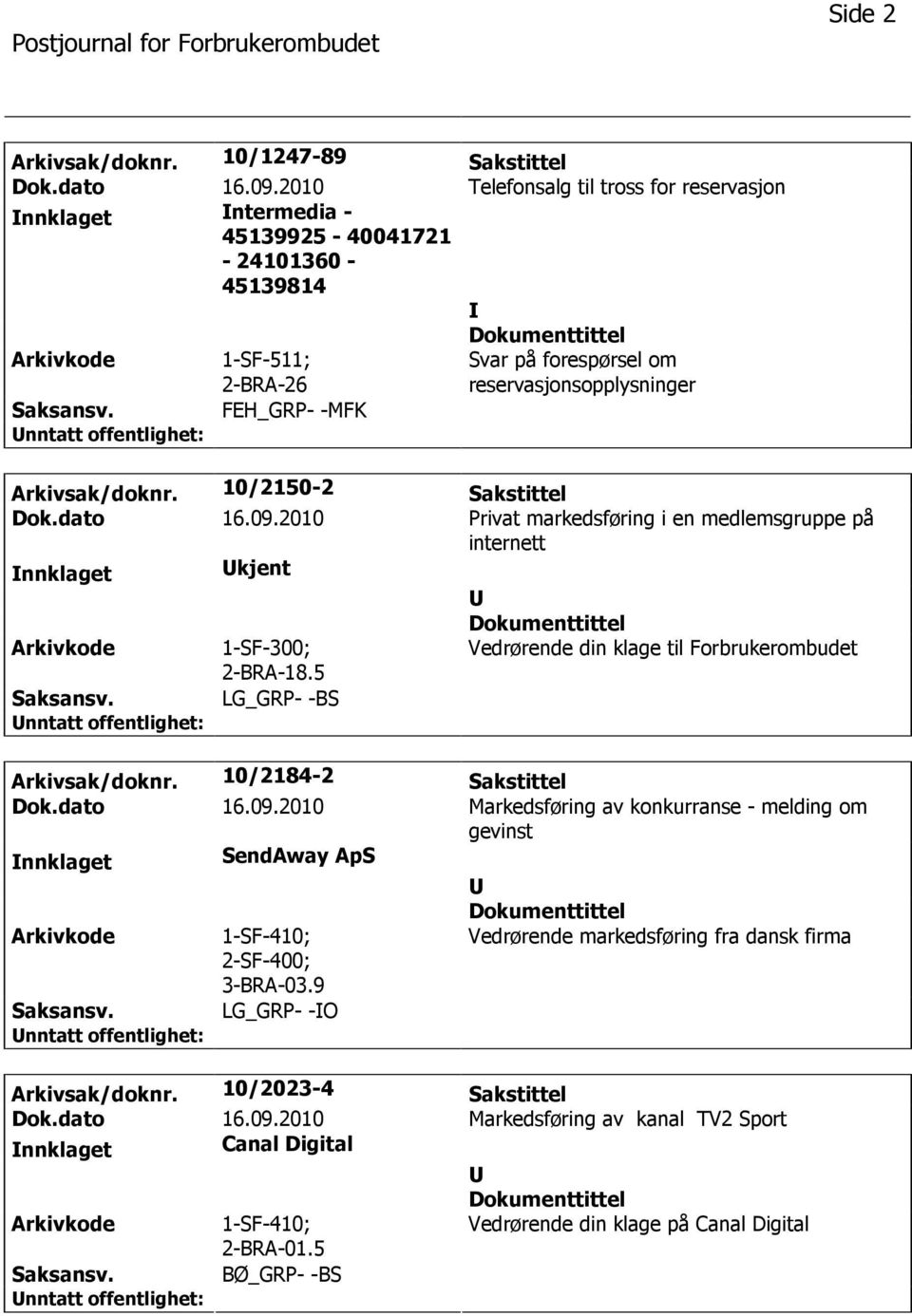 10/2150-2 Sakstittel Dok.dato 16.09.2010 Privat markedsføring i en medlemsgruppe på internett nnklaget kjent 1-SF-300; 2-BRA-18.5 Vedrørende din klage til Forbrukerombudet LG_GRP- -BS Arkivsak/doknr.