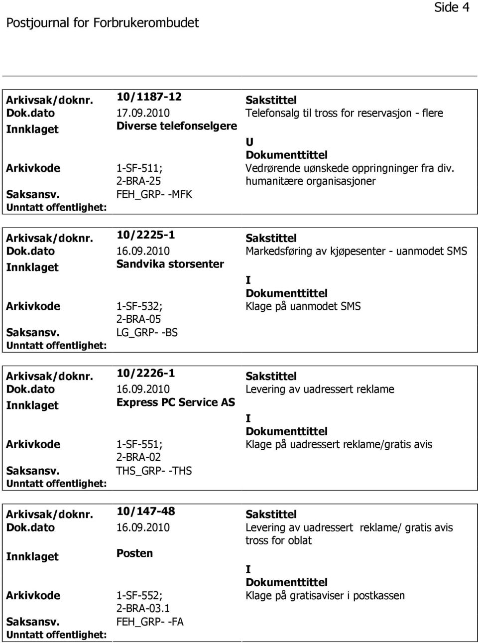 2010 Markedsføring av kjøpesenter - uanmodet SMS nnklaget Sandvika storsenter 1-SF-532; 2-BRA-05 Klage på uanmodet SMS LG_GRP- -BS Arkivsak/doknr. 10/2226-1 Sakstittel Dok.dato 16.09.