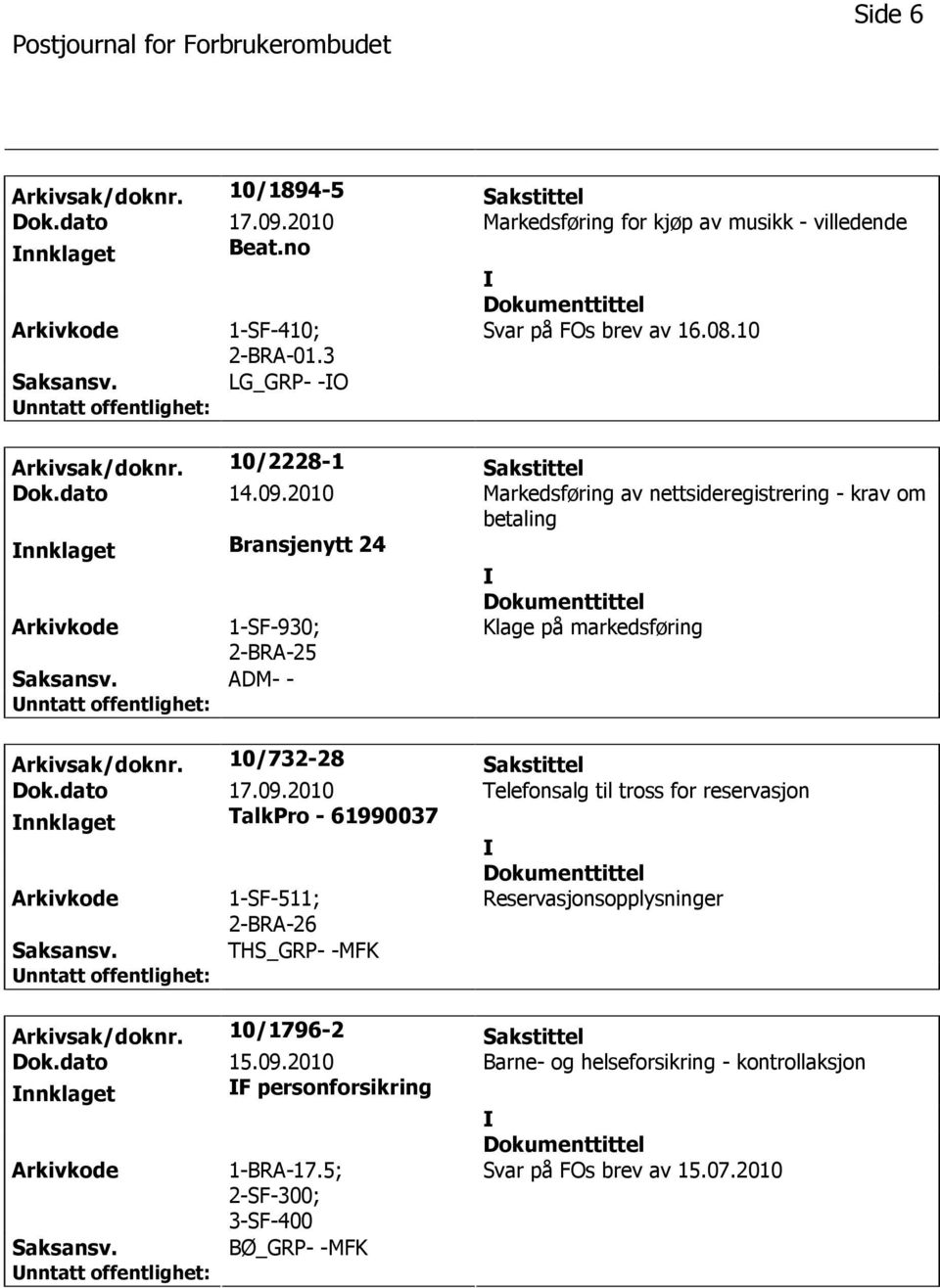 2010 Markedsføring av nettsideregistrering - krav om betaling nnklaget Bransjenytt 24 1-SF-930; 2-BRA-25 Klage på markedsføring ADM- - Arkivsak/doknr. 10/732-28 Sakstittel Dok.dato 17.09.