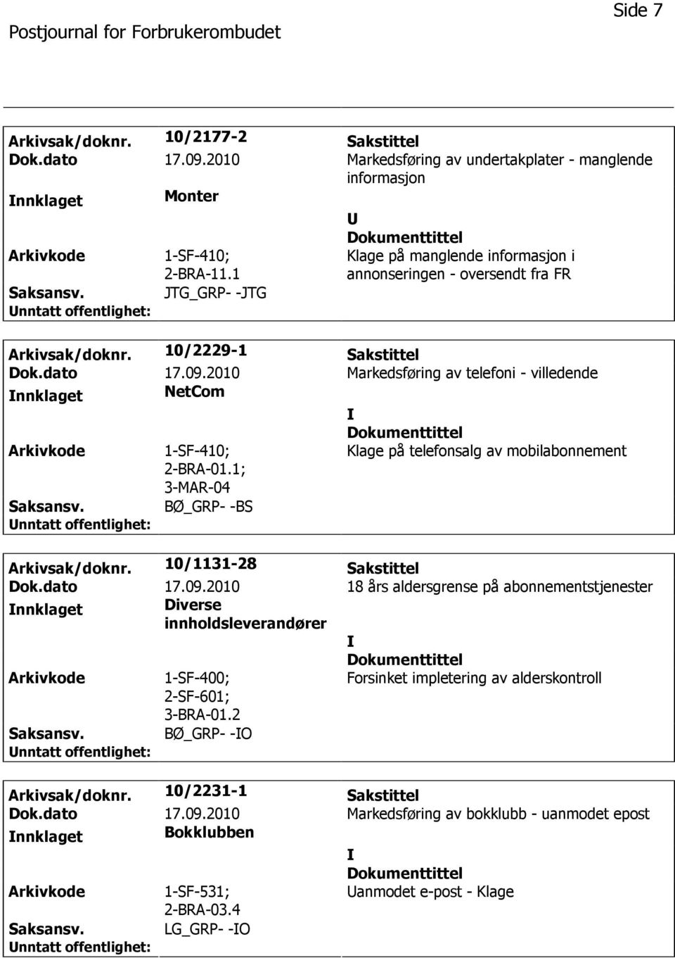 2010 Markedsføring av telefoni - villedende nnklaget NetCom 1-SF-410; 2-BRA-01.1; 3-MAR-04 Klage på telefonsalg av mobilabonnement BØ_GRP- -BS Arkivsak/doknr. 10/1131-28 Sakstittel Dok.dato 17.09.