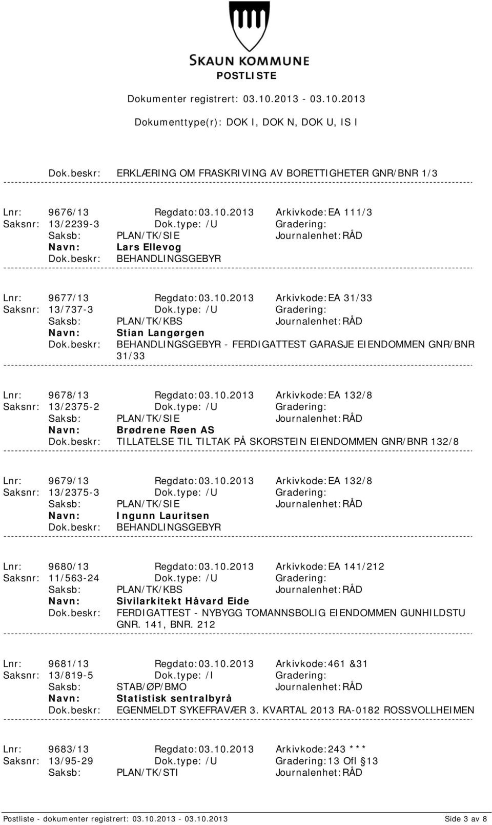 type: /U Gradering: Saksb: PLAN/TK/KBS Journalenhet:RÅD Stian Langørgen BEHANDLINGSGEBYR - FERDIGATTEST GARASJE EIENDOMMEN GNR/BNR 31/33 Lnr: 9678/13 Regdato:03.10.