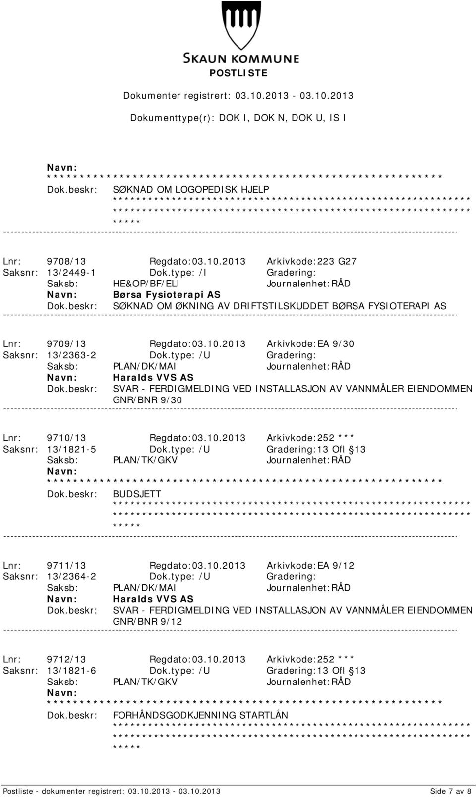 2013 Arkivkode:EA 9/30 Saksnr: 13/2363-2 Dok.type: /U Gradering: GNR/BNR 9/30 Lnr: 9710/13 Regdato:03.10.2013 Arkivkode:252 *** Saksnr: 13/1821-5 Dok.