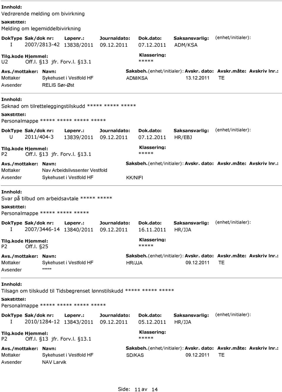 : Mottaker Nav Arbeidslivssenter Vestfold KK/NF Svar på tilbud om arbeidsavtale Personalmappe 2007/3446-14 13840/2011 16.11.2011 HR/JJA Avs./mottaker: Navn: Saksbeh. Avskr. dato: Avskr.