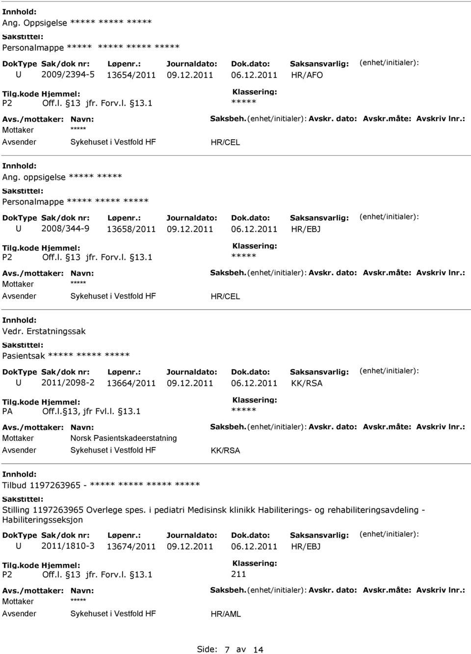 Erstatningssak Pasientsak 2011/2098-2 13664/2011 KK/RSA Avs./mottaker: Navn: Saksbeh. Avskr. dato: Avskr.måte: Avskriv lnr.