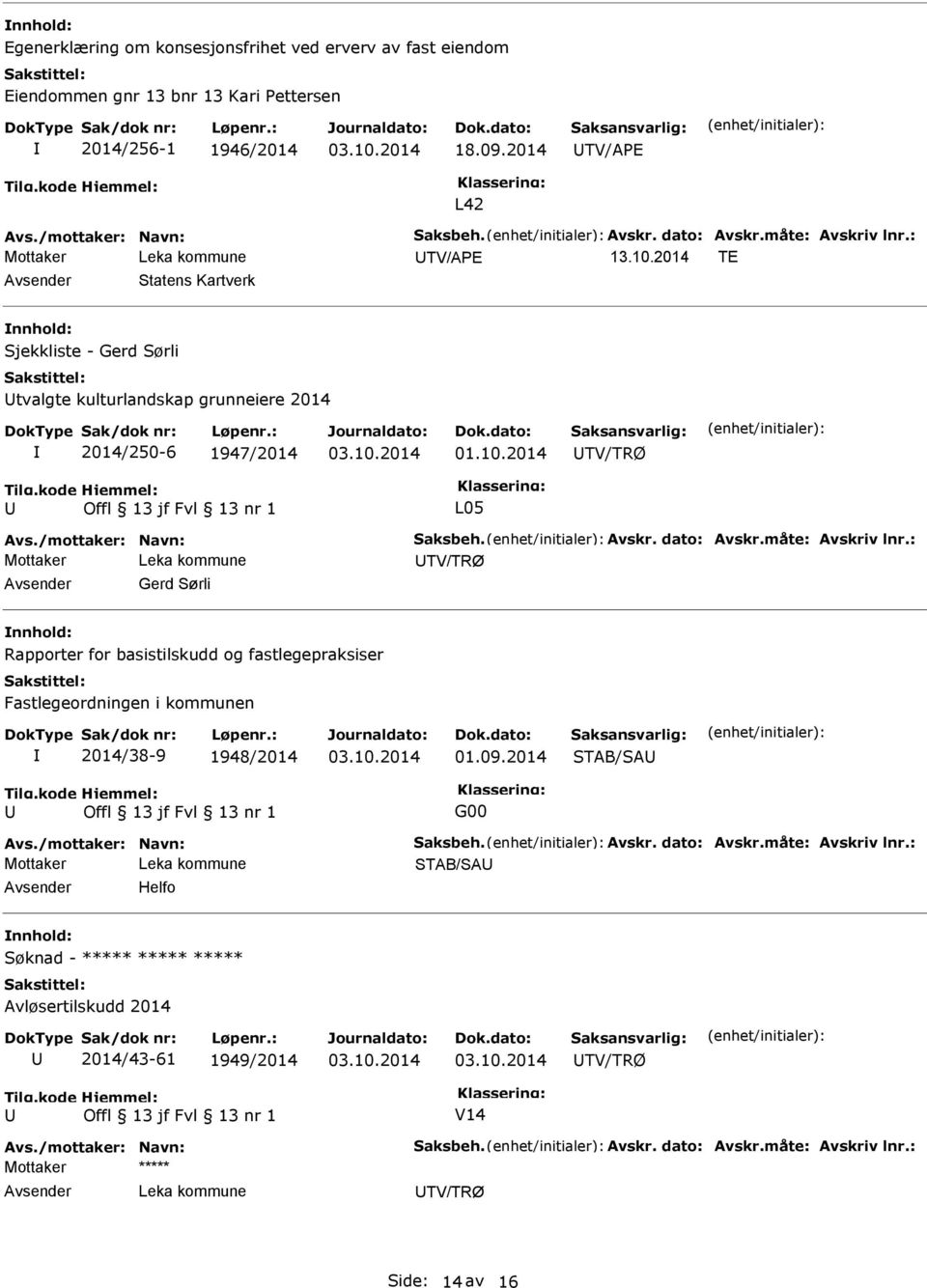 : Avsender Gerd Sørli nnhold: Rapporter for basistilskudd og fastlegepraksiser Fastlegeordningen i kommunen 2014/38-9 1948/2014 01.09.2014 STAB/SA G00 Avs./mottaker: Navn: Saksbeh. Avskr.