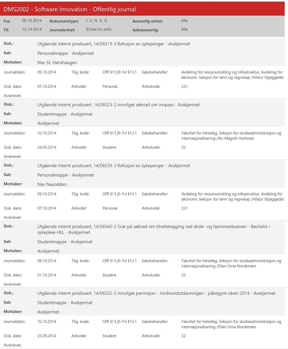 2014 Arkivdel: Student tgående internt produsert, 14/06539-3 Refusjon av sykepenger - Personalmappe - Nav Nesodden økonomi, Seksjon for lønn og regnskap /Hildur Skjeggedal Dok. dato: 07.10.