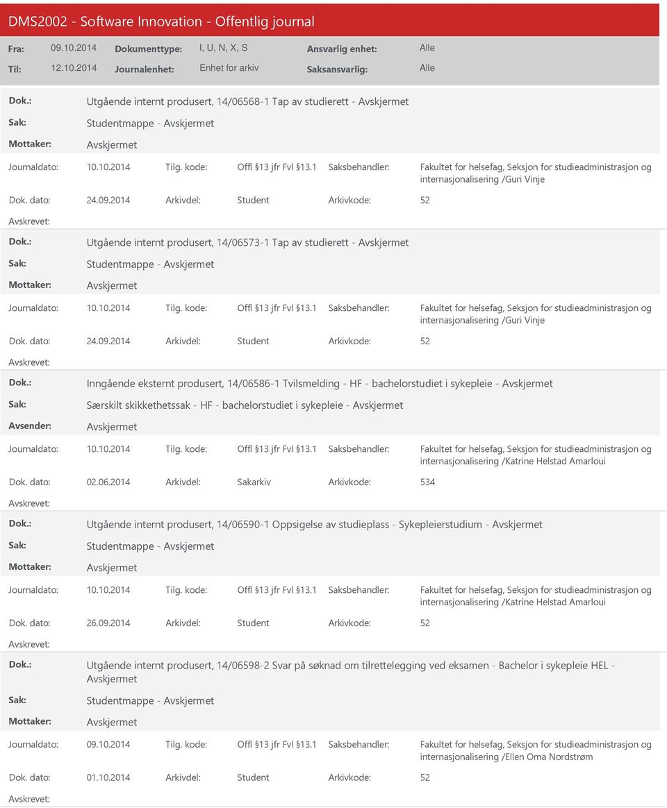 2014 Arkivdel: Student Inngående eksternt produsert, 14/06586-1 Tvilsmelding - HF - bachelorstudiet i sykepleie - Særskilt skikkethetssak - HF - bachelorstudiet i sykepleie - internasjonalisering