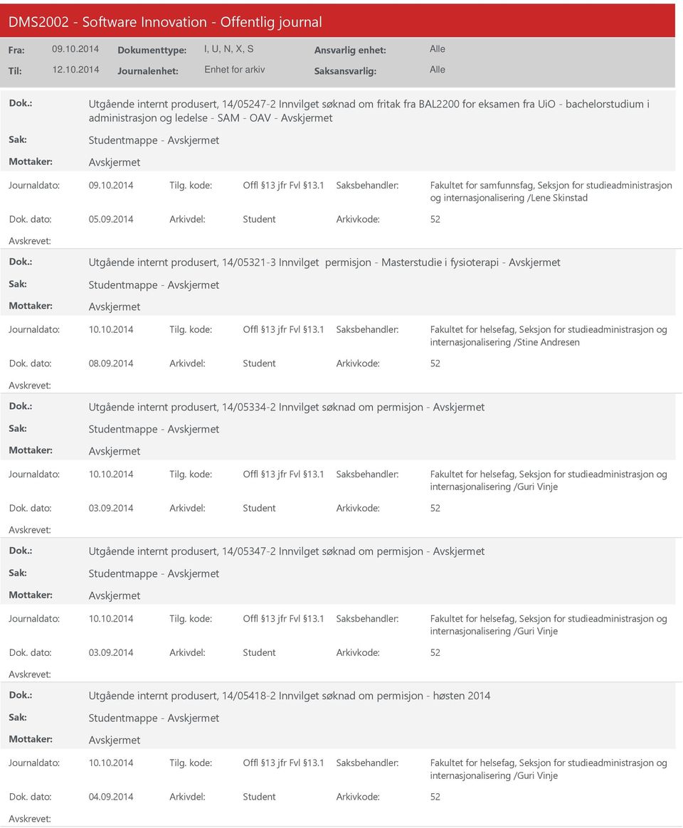 2014 Arkivdel: Student tgående internt produsert, 14/05321-3 Innvilget permisjon - Masterstudie i fysioterapi - Studentmappe - internasjonalisering /Stine Andresen Dok. dato: 08.09.