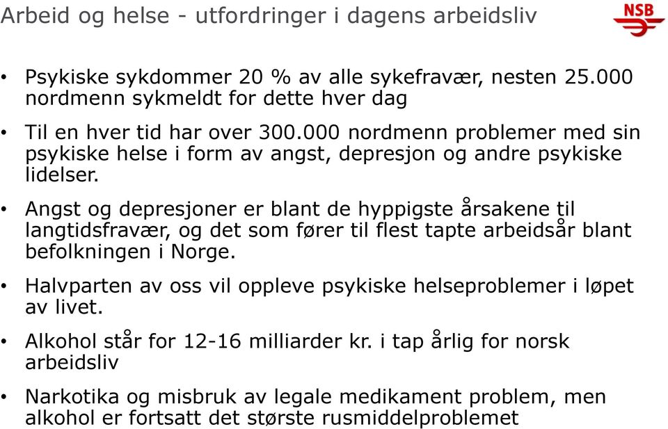 000 nordmenn problemer med sin psykiske helse i form av angst, depresjon og andre psykiske lidelser.