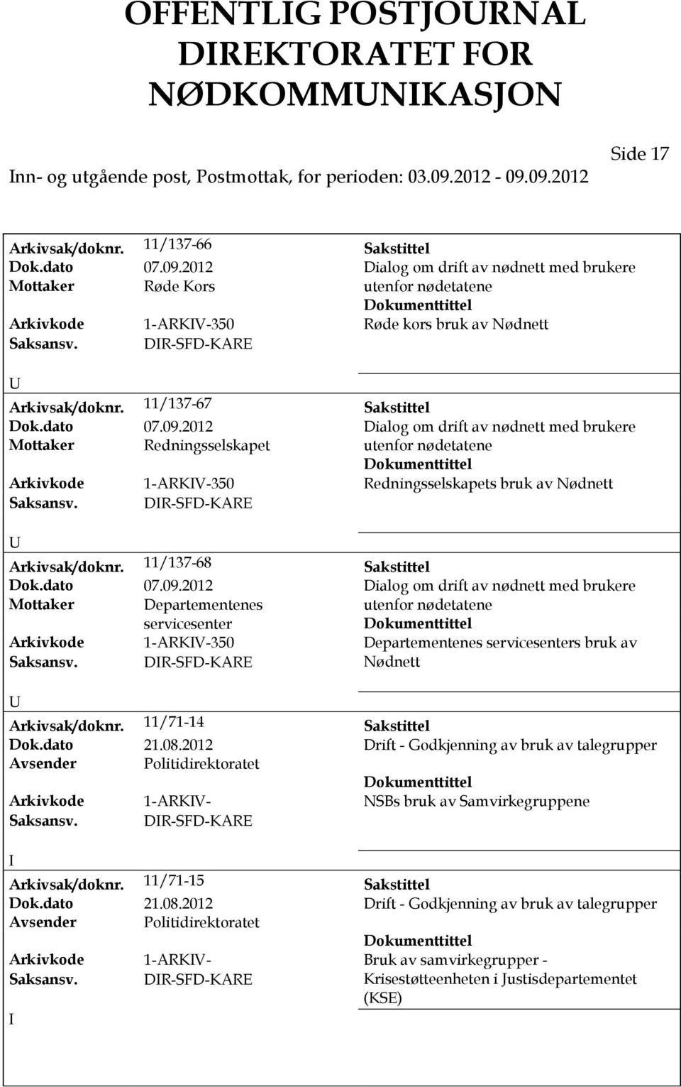 DR-SFD-KARE Arkivsak/doknr. 11/137-67 Sakstittel Dok.dato 07.09.