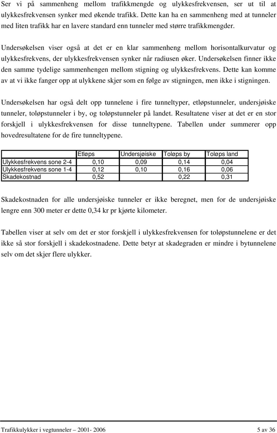 Undersøkelsen viser også at det er en klar sammenheng mellom horisontalkurvatur og ulykkesfrekvens, der ulykkesfrekvensen synker når radiusen øker.