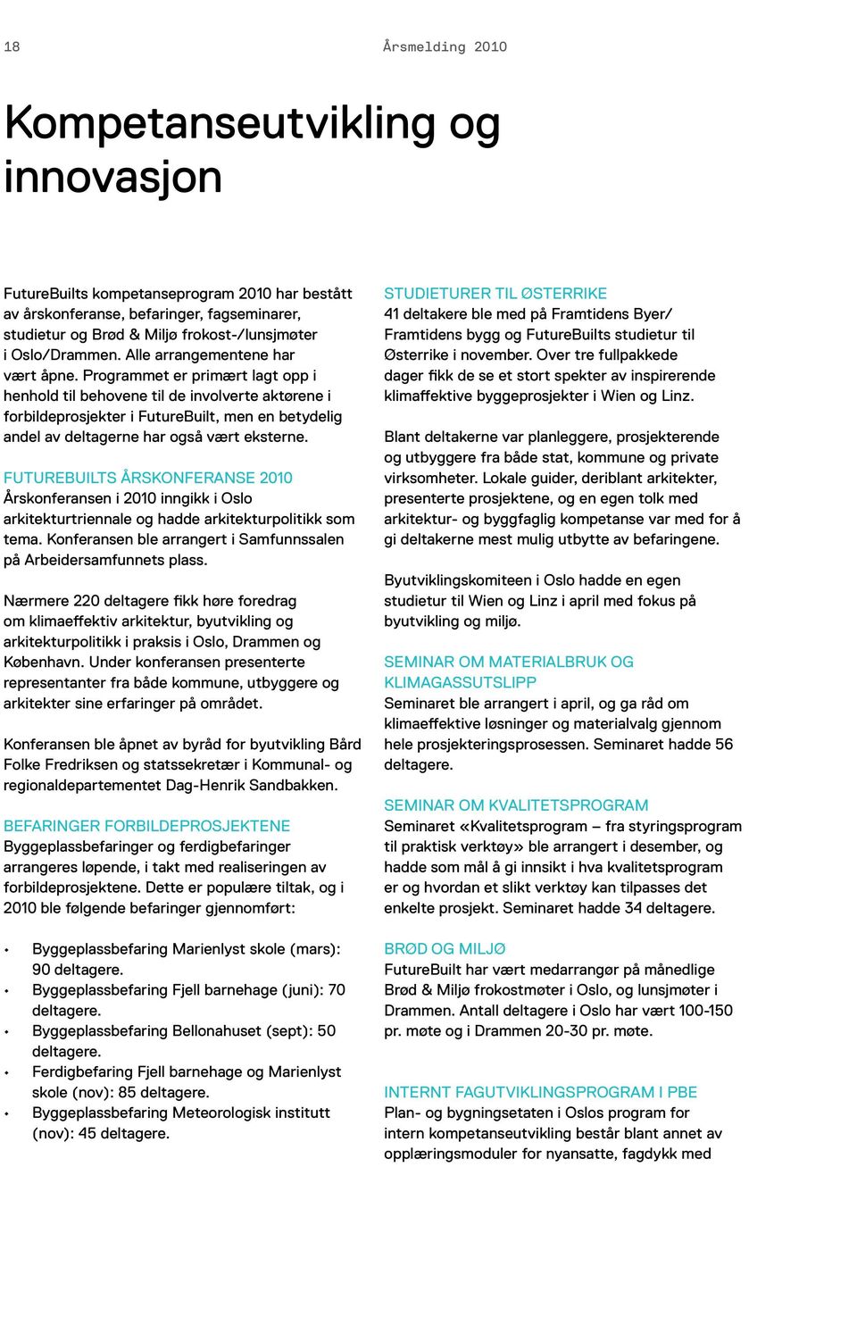 Programmet er primært lagt opp i henhold til behovene til de involverte aktørene i forbildeprosjekter i FutureBuilt, men en betydelig andel av deltagerne har også vært eksterne.