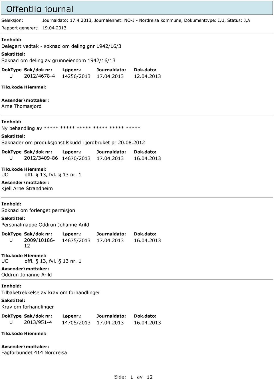 2013 Arne Thomasjord Ny behandling av ***** ***** ***** ***** ***** ***** Søknader om produksjonstilskudd i jordbruket pr 20.08.