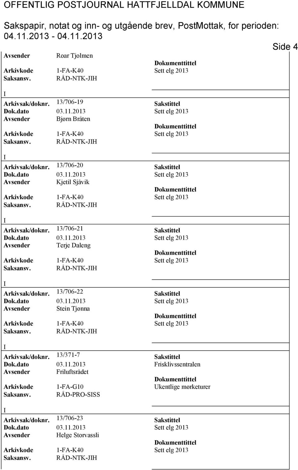 RÅD-NTK-JH Arkivsak/doknr. 13/706-22 Sakstittel Avsender Stein Tjønna Saksansv. RÅD-NTK-JH Arkivsak/doknr. 13/371-7 Sakstittel Dok.dato 03.11.