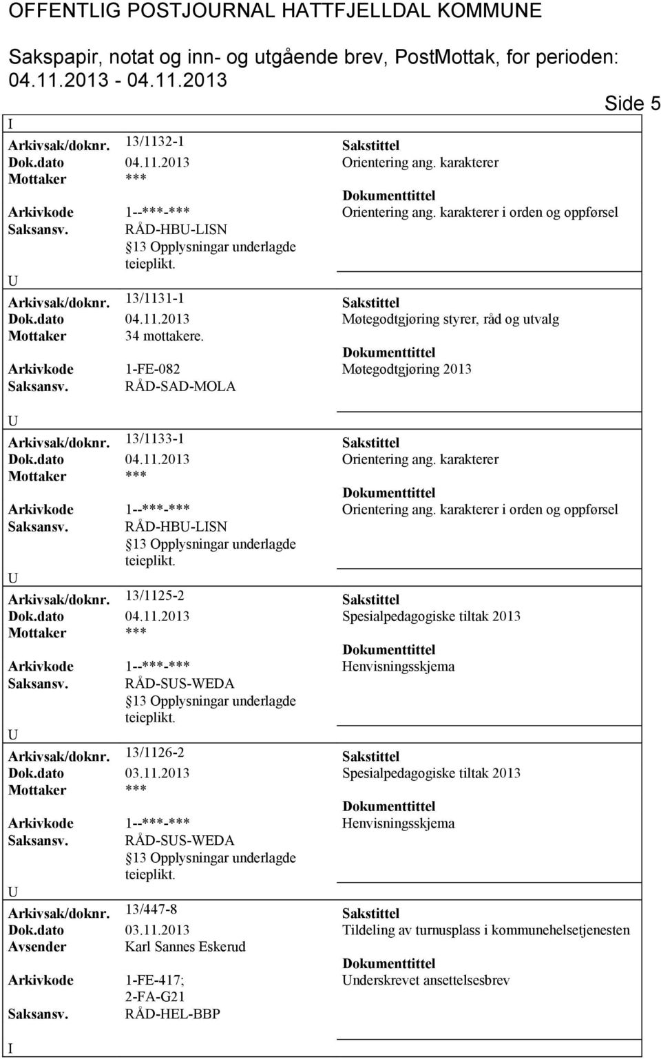 Arkivkode 1-FE-082 Møtegodtgjøring 2013 Saksansv. RÅD-SAD-MOLA Arkivsak/doknr. 13/1133-1 Sakstittel Dok.dato 04.11.2013 Orientering ang. karakterer Arkivkode 1--***-*** Orientering ang.