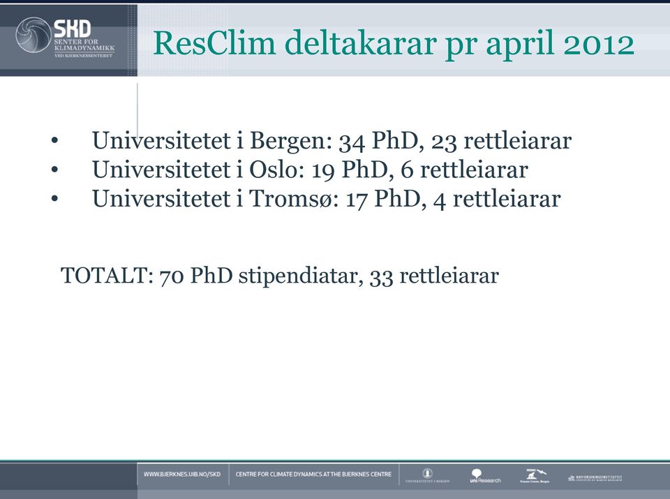 19 PhD, 6 rettleiarar Universitetet i Tromsø: 17 PhD,