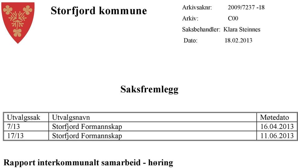 2013 Saksfremlegg Utvalgssak Utvalgsnavn Møtedato 7/13 Storfjord