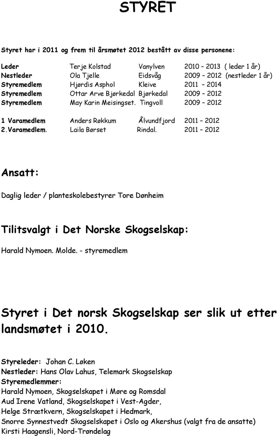 2011 2012 Ansatt: Daglig leder / planteskolebestyrer Tore Dønheim Tilitsvalgt i Det Norske Skogselskap: Harald Nymoen. Molde.