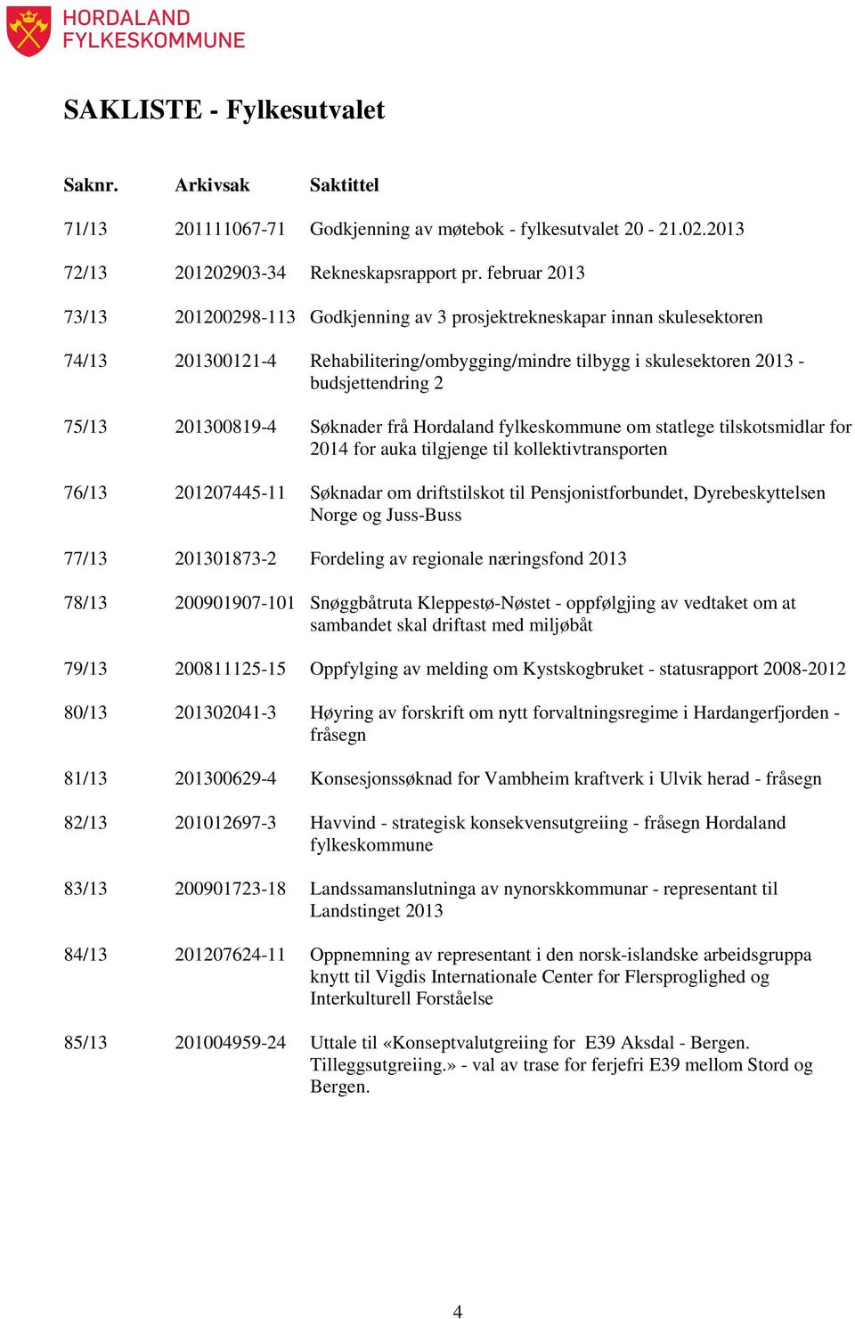 201300819-4 Søknader frå Hordaland fylkeskommune om statlege tilskotsmidlar for 2014 for auka tilgjenge til kollektivtransporten 76/13 201207445-11 Søknadar om driftstilskot til Pensjonistforbundet,