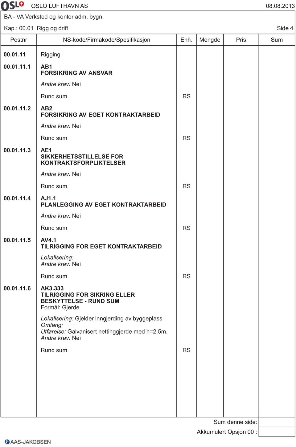 1 PLANLEGGING AV EGET KONTRAKTARBEID 00.01.11.5 AV4.1 TILRIGGING FOR EGET KONTRAKTARBEID 00.01.11.6 AK3.