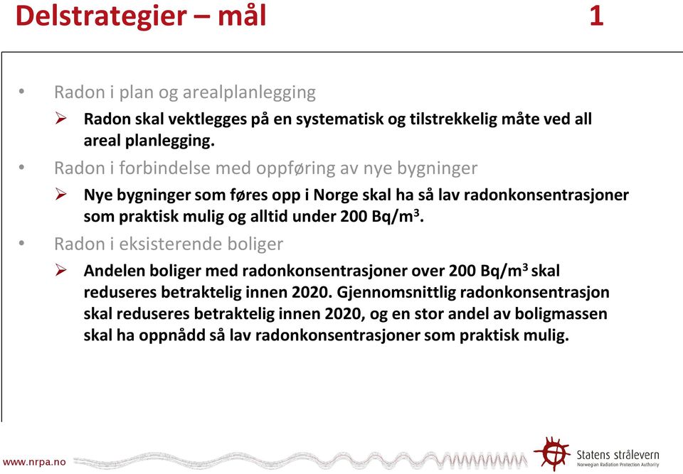 under 200 Bq/m 3. Radon i eksisterende boliger Andelen boliger med radonkonsentrasjoner over 200 Bq/m 3 skal reduseres betraktelig innen 2020.
