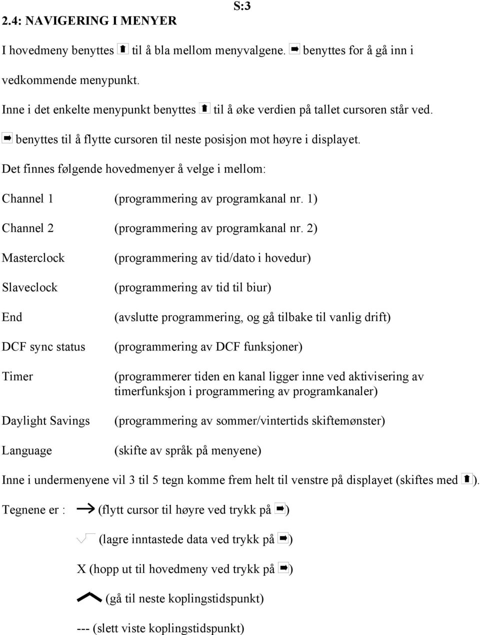 Det finnes følgende hovedmenyer å velge i mellom: Channel 1 (programmering av programkanal nr. 1) Channel 2 (programmering av programkanal nr.