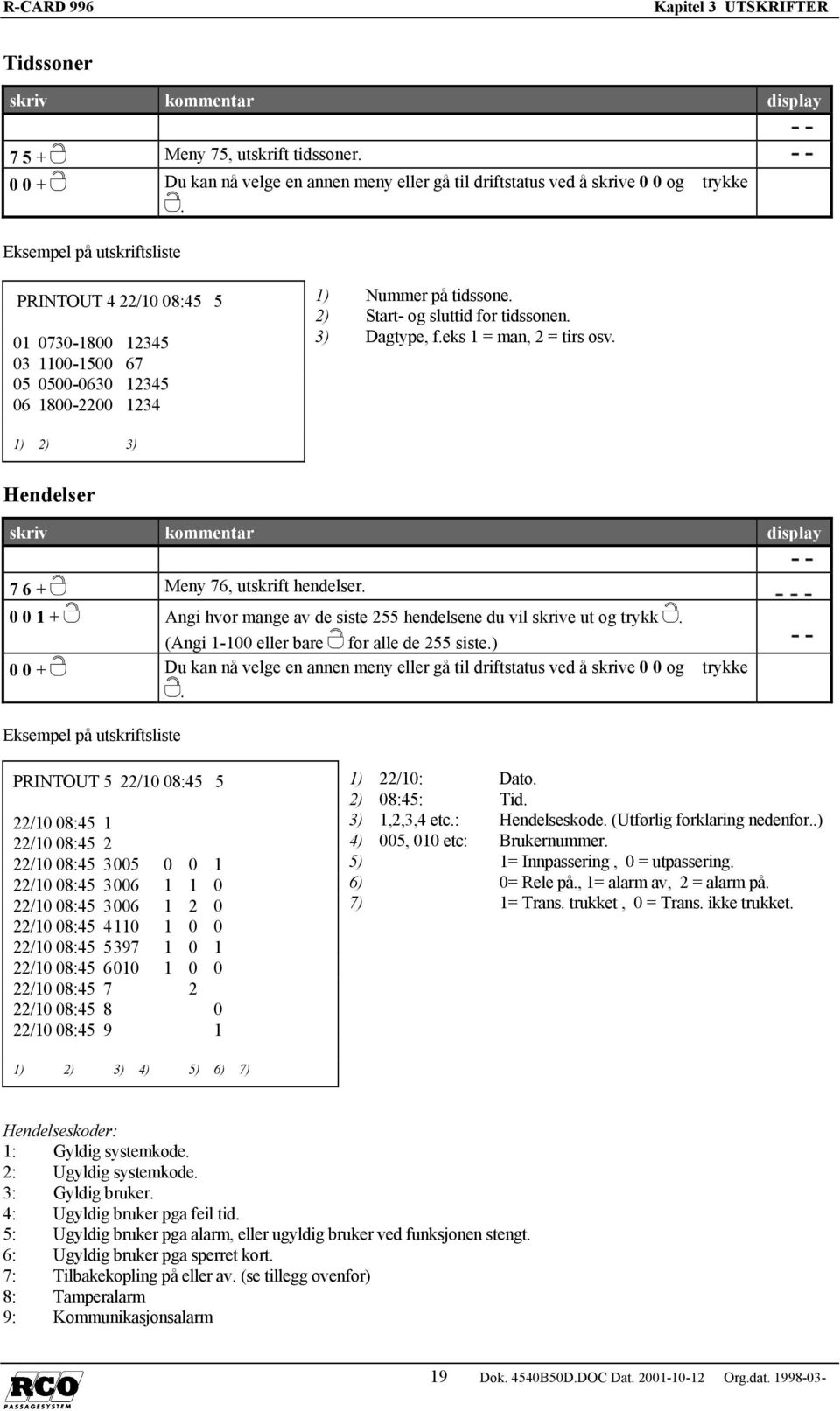 skrive ut og trykk (Angi 1-100 eller bare for alle de 255 siste) Eksempel på utskriftsliste PRINTOUT 5 22/10 08:45 5 22/10 08:45 1 22/10 08:45 2 22/10 08:45 3005 0 0 1 22/10 08:45 3006 1 1 0 22/10