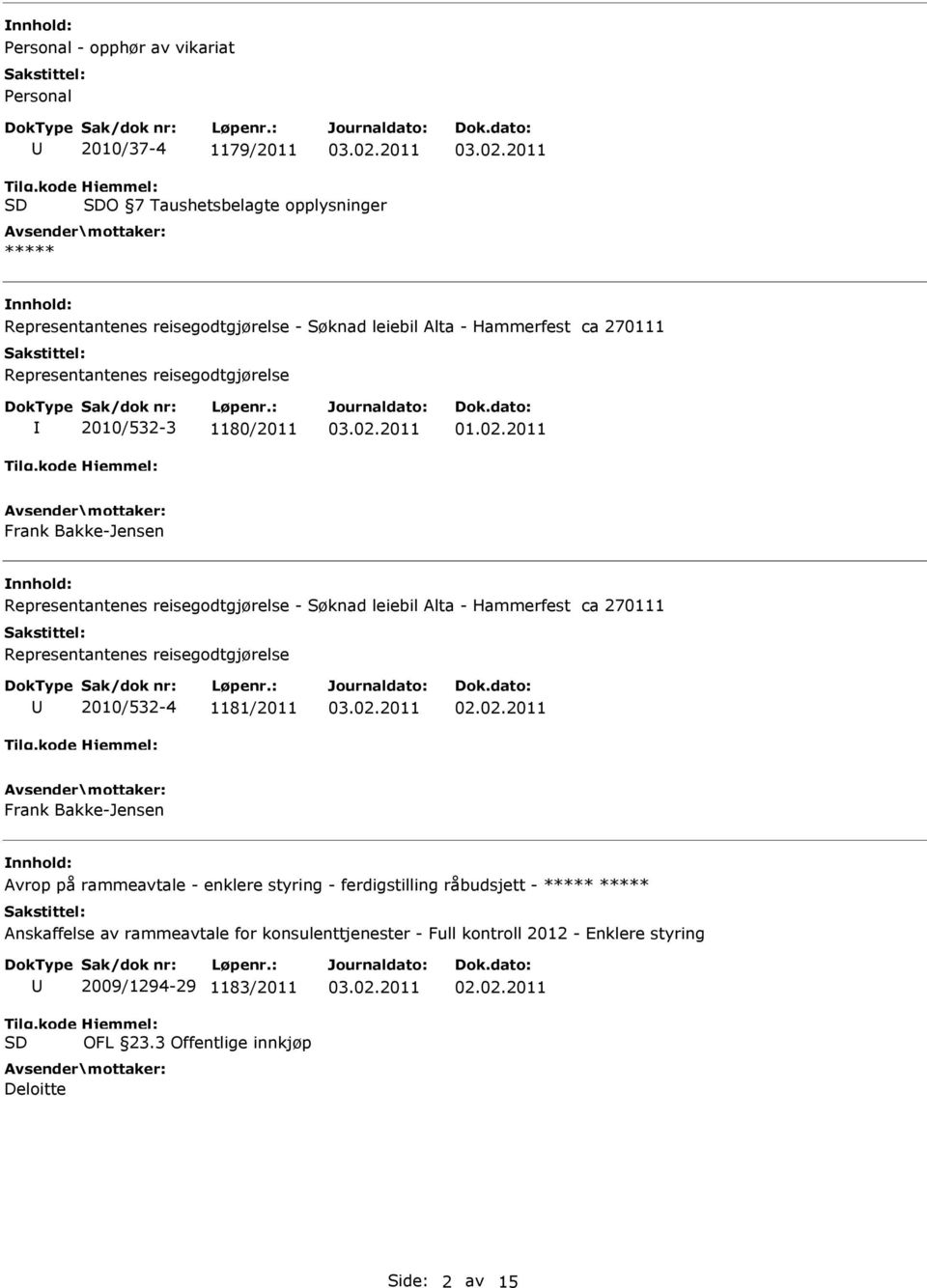 2011 Frank Bakke-Jensen Representantenes reisegodtgjørelse - Søknad leiebil Alta - Hammerfest ca 270111 Representantenes reisegodtgjørelse 2010/532-4 1181/2011 Frank