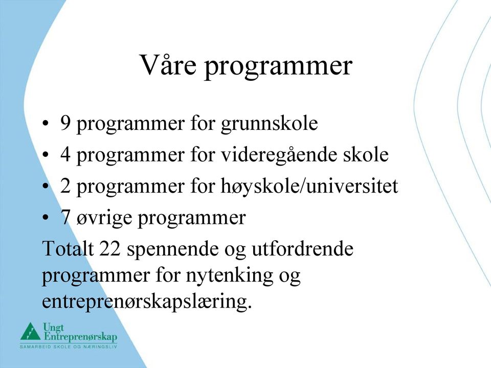 høyskole/universitet 7 øvrige programmer Totalt 22