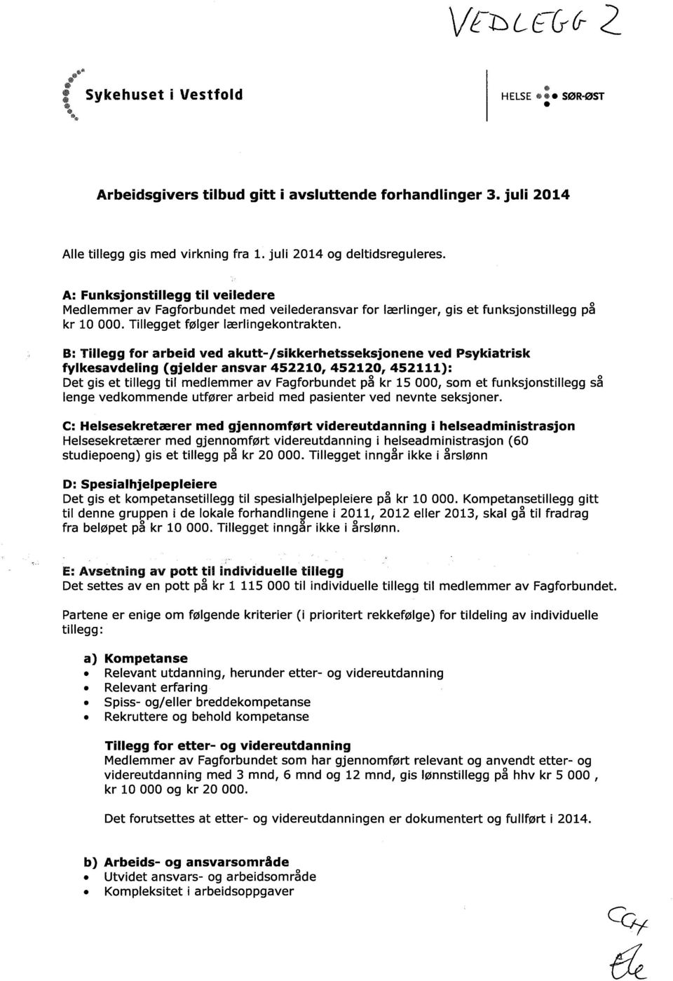 B: Tillegg for arbeid ved akutt-/sikkerhetsseksjonene ved Psykiatrisk fylkesavdeling (gjelder ansvar 452210, 452120, 452111): Det gis et tillegg til medlemmer av Fagforbundet på kr 15 000, som et