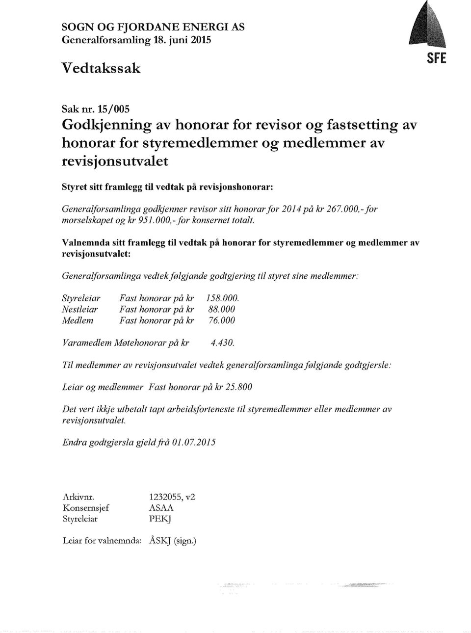 godkjenner revisor sitt honorar for 2014 på kr 267.000,- for morselskapet og kr 951.000,- for konsernet totalt.