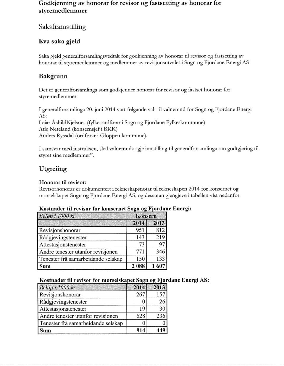 styremedlemmer. I generalforsatnlinga 20. juni 2014 vart følgande valt til valnemnd for Sogn og Fjordane Energi AS: Leiar Ashildi<.