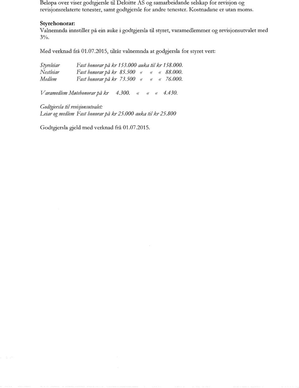 2015, tilrår valnemnda at godgjersla for styret vert: Sryrefeiar Nestfeiar Med/em Fast honorar på kr 153.000 auka ti/ kr 158.000. 1-'ast honorar på kr 85.500 << << «88.000. Fast honorar på kr 73.