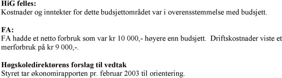 FA: FA hadde et netto forbruk som var kr 10 000,- høyere enn budsjett.