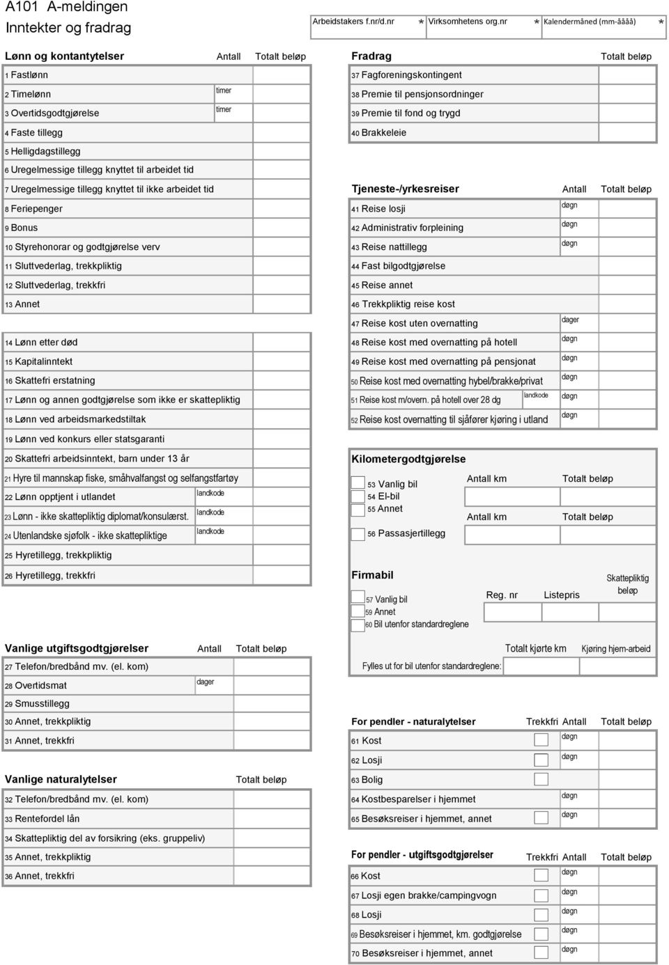 Premie til fond og trygd 4 Faste tillegg 40 Brakkeleie 5 Helligdagstillegg 6 Uregelmessige tillegg knyttet til arbeidet tid 7 Uregelmessige tillegg knyttet til ikke arbeidet tid Tjeneste-/yrkesreiser