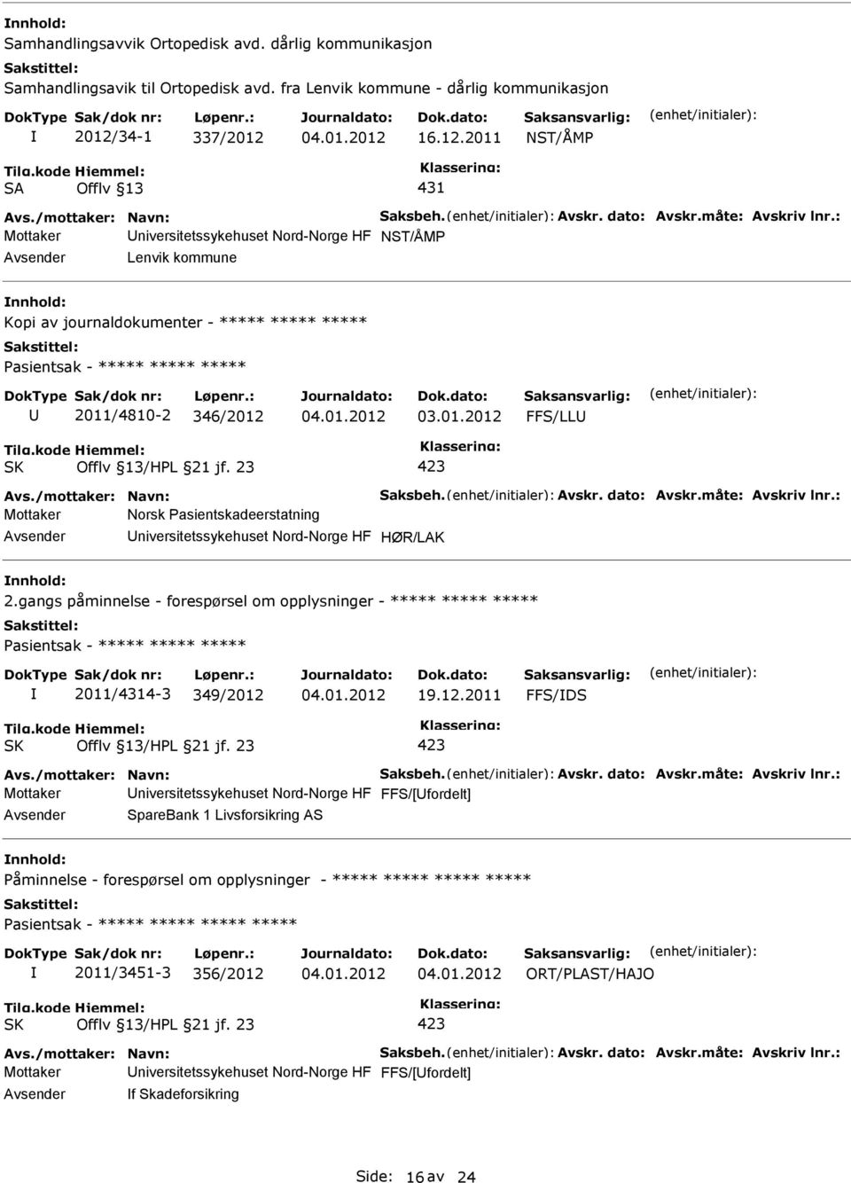 : Mottaker niversitetssykehuset Nord-Norge HF NST/ÅM Lenvik kommune Kopi av journaldokumenter - ***** ***** ***** asientsak - ***** ***** ***** 2011/4810-2 346/2012 FFS/LL Offlv 13/HL 21 jf.