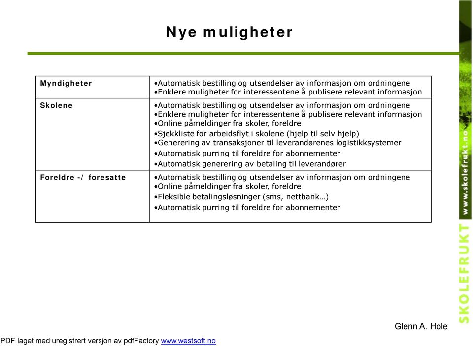 arbeidsflyt i skolene (hjelp til selv hjelp) Generering av transaksjoner til leverandørenes logistikksystemer Automatisk purring til foreldre for abonnementer Automatisk generering av betaling til