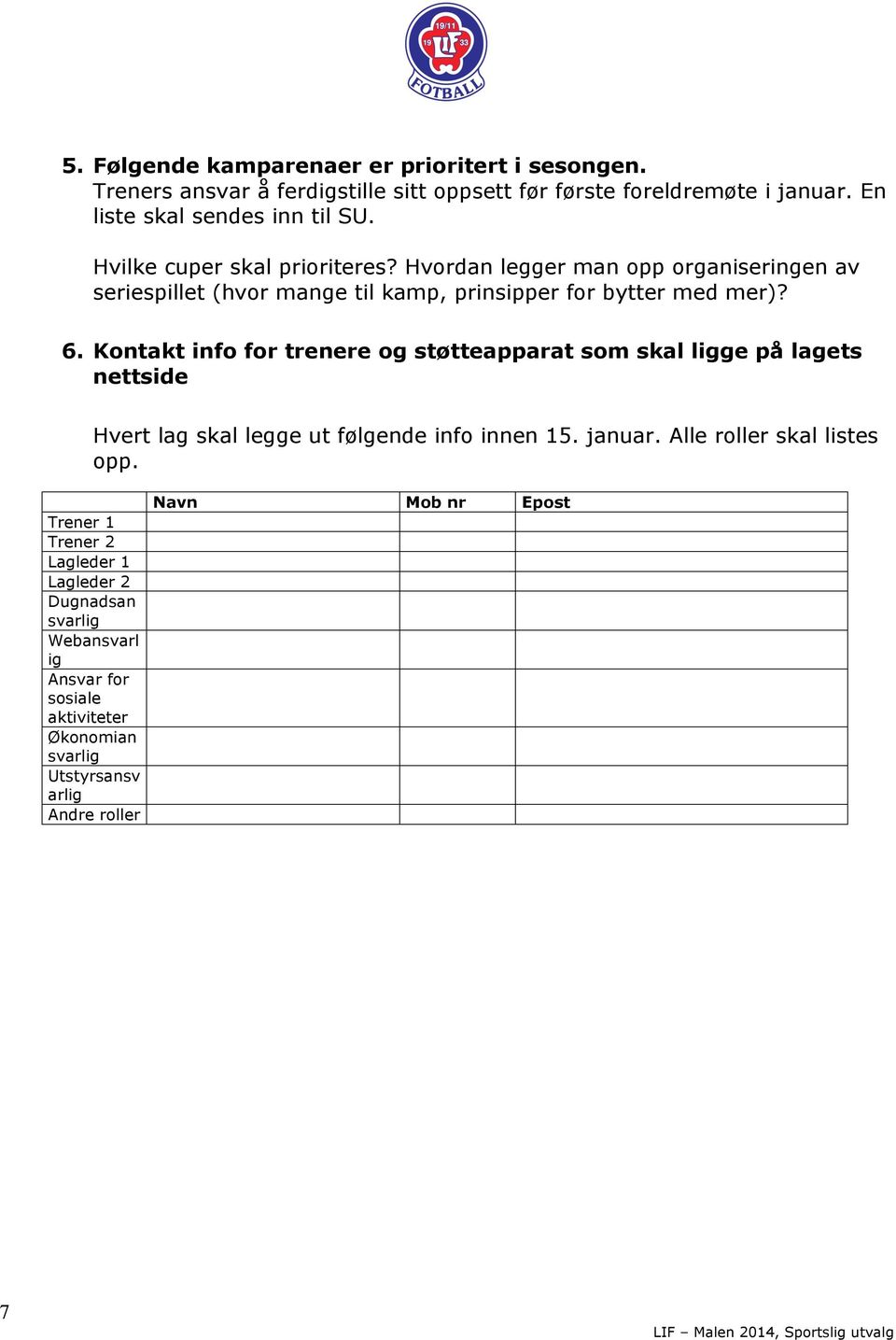 Kontakt info for trenere og støtteapparat som skal ligge på lagets nettside Hvert lag skal legge ut følgende info innen 15. januar.