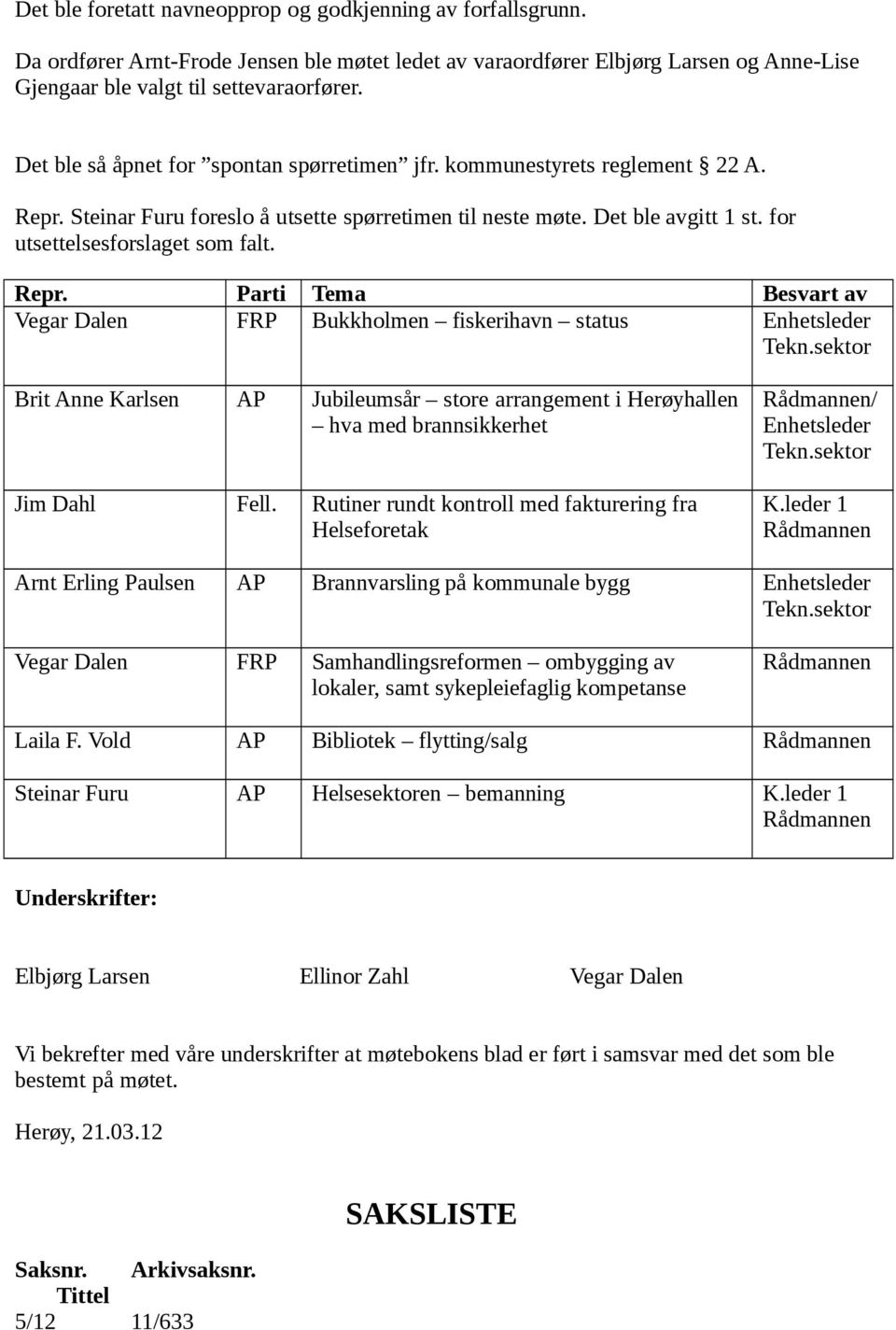 Repr. Parti Tema Besvart av Vegar Dalen FRP Bukkholmen fiskerihavn status Enhetsleder Tekn.sektor Brit Anne Karlsen AP Jubileumsår store arrangement i Herøyhallen hva med brannsikkerhet Jim Dahl Fell.