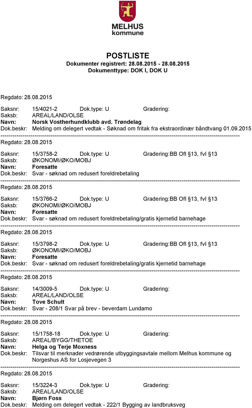 type: U Gradering:BB Ofl 13, fvl 13 Dok.beskr: Svar - søknad om redusert foreldrebetaling/gratis kjernetid barnehage Saksnr: 14/3009-5 Dok.