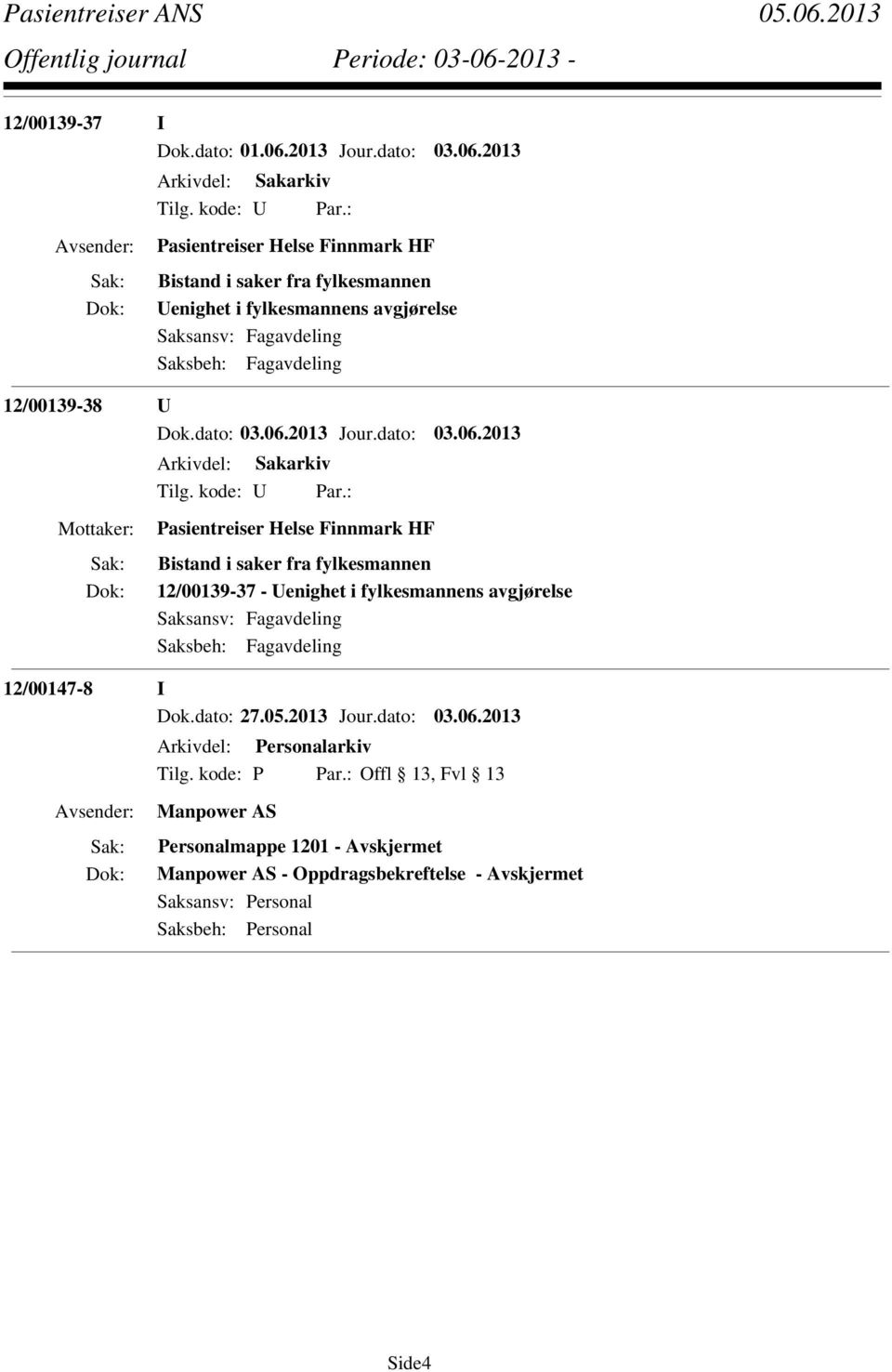 2013 Pasientreiser Helse Finnmark HF Bistand i saker fra fylkesmannen Uenighet i