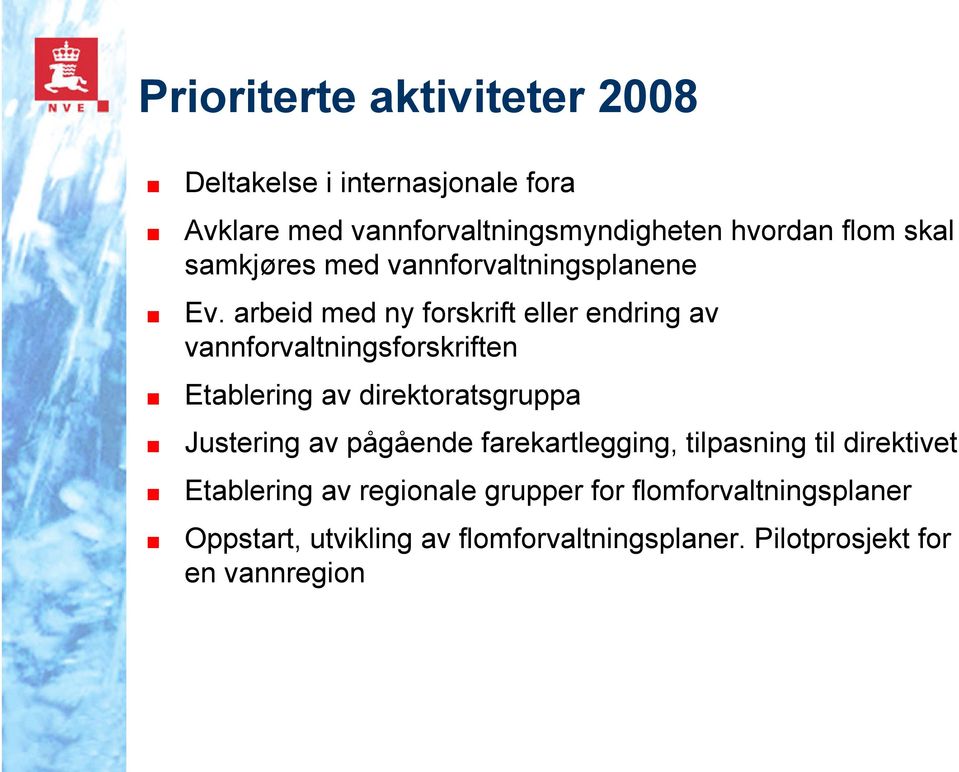 arbeid med ny forskrift eller endring av vannforvaltningsforskriften Etablering av direktoratsgruppa Justering av